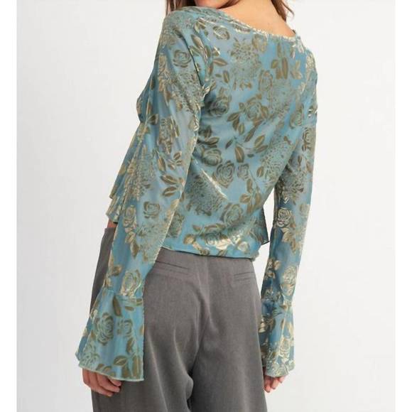 NEW EMORY PARK willa tie front floral top in sage teal - Picture 3 of 3